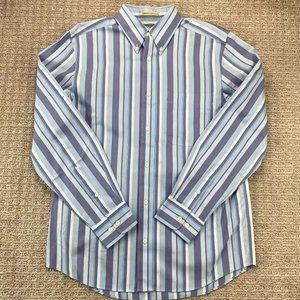 Eddie Bauer Shirt Men Small S Blue White Orange Striped Button Down Wrinkle Free